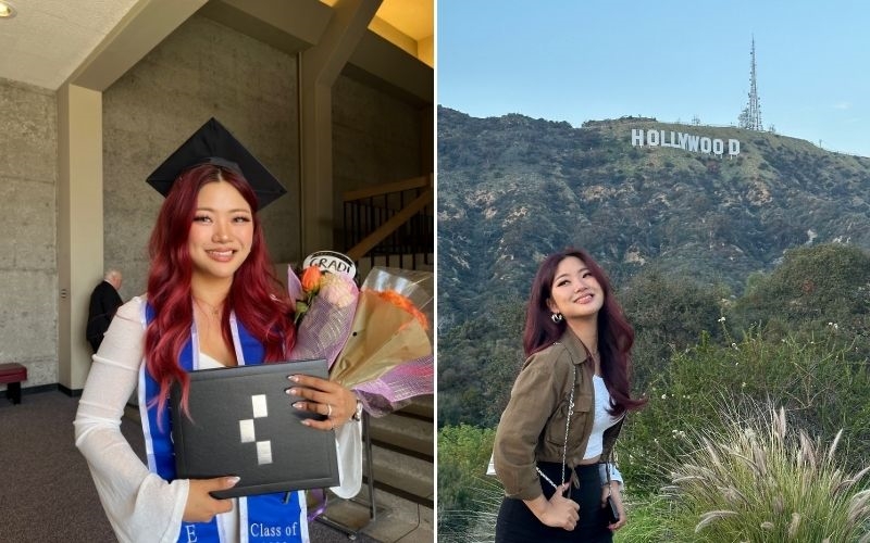 (Left) Avalynn Kim at her graduation from Otis College of Art and Design, May 2023. (Right) The Hollywood sign in the background (photos provided by Avalynn Kim)