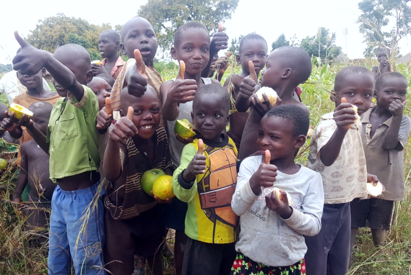 The Rural Development Administration (RDA) is the co-winner of the inaugural Global Future Fit Award at the annual World Governments Summit held from Feb. 11-13 in Dubai, the United Arab Emirates. Shown are children in Uganda giving a thumbs up while eating oranges developed by an orange village under a trial project of the Korea Program on International Agriculture. (RDA)  