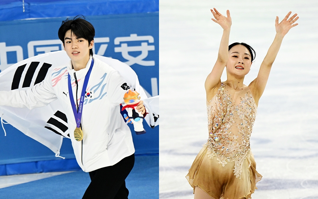 Cha Junhwan (left) and Kim Chaeyeon on Feb. 13 celebrate their gold medals in men's and women's single figure skating in the Winter Asian Games at Multifunctional Hall of Heilongjiang Ice Training Center in Harbin, China. (Korea Sport & Olympic Committee's official Facebook page) 